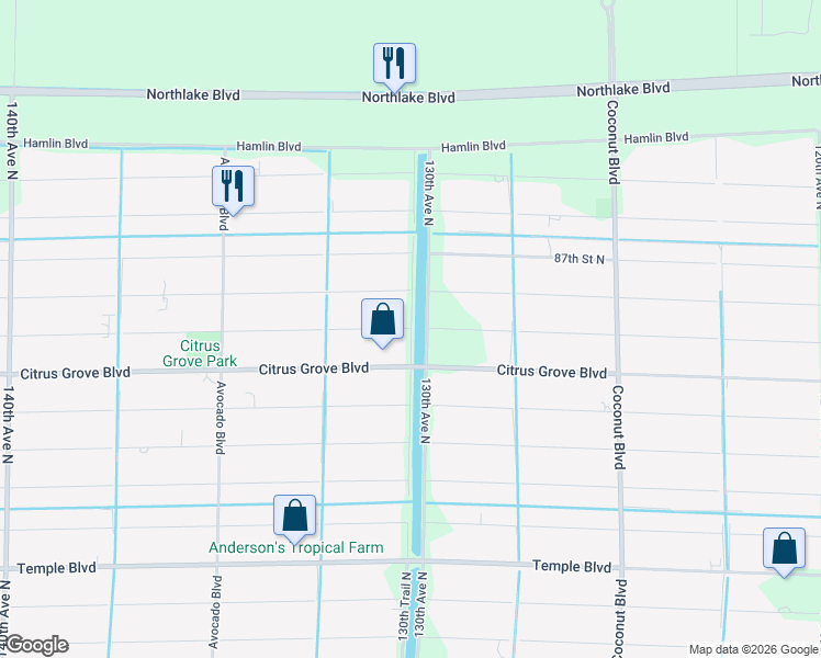 map of restaurants, bars, coffee shops, grocery stores, and more near 13000 85th Road North in West Palm Beach