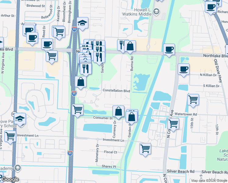 map of restaurants, bars, coffee shops, grocery stores, and more near 8667 Crater Terrace in West Palm Beach