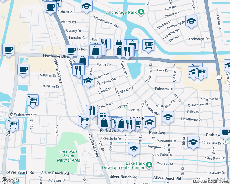 map of restaurants, bars, coffee shops, grocery stores, and more near 815 West Kalmia Drive in West Palm Beach