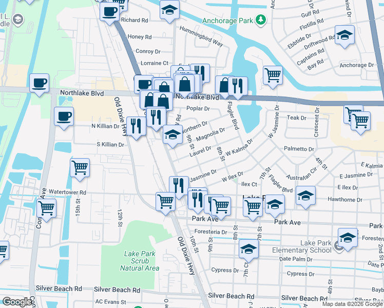 map of restaurants, bars, coffee shops, grocery stores, and more near 860 Laurel Drive in West Palm Beach