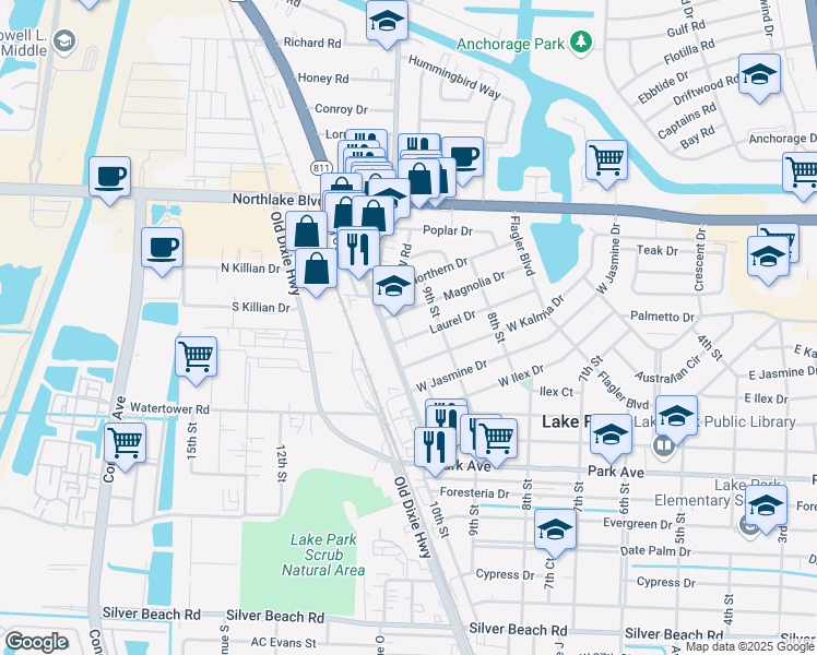 map of restaurants, bars, coffee shops, grocery stores, and more near 927 Laurel Drive in West Palm Beach