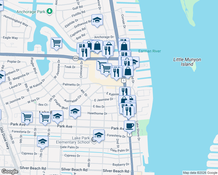 map of restaurants, bars, coffee shops, grocery stores, and more near 230 Palmetto Drive in West Palm Beach