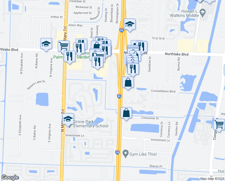 map of restaurants, bars, coffee shops, grocery stores, and more near 8503 Sunset Drive in Palm Beach Gardens