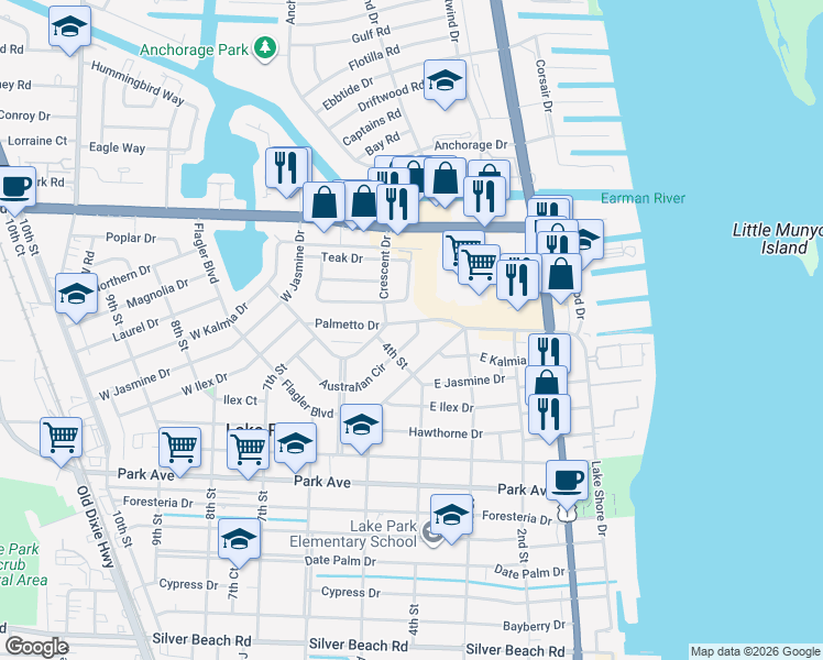 map of restaurants, bars, coffee shops, grocery stores, and more near 331 Australian Circle in West Palm Beach