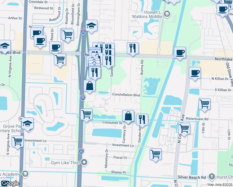 map of restaurants, bars, coffee shops, grocery stores, and more near 8649 Satalite Terrace in West Palm Beach