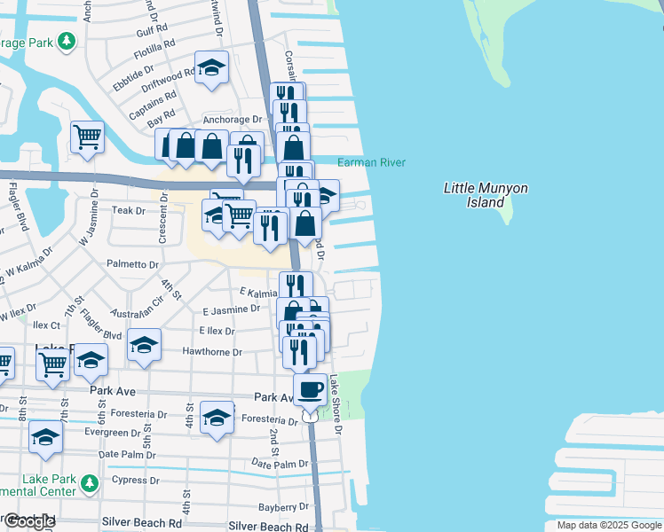 map of restaurants, bars, coffee shops, grocery stores, and more near 128 Lehane Terrace in North Palm Beach
