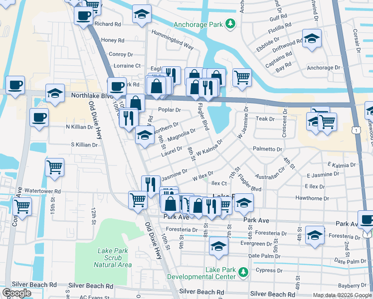 map of restaurants, bars, coffee shops, grocery stores, and more near 815 West Kalmia Drive in West Palm Beach