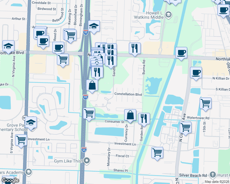 map of restaurants, bars, coffee shops, grocery stores, and more near 3731 Constellation Boulevard in West Palm Beach