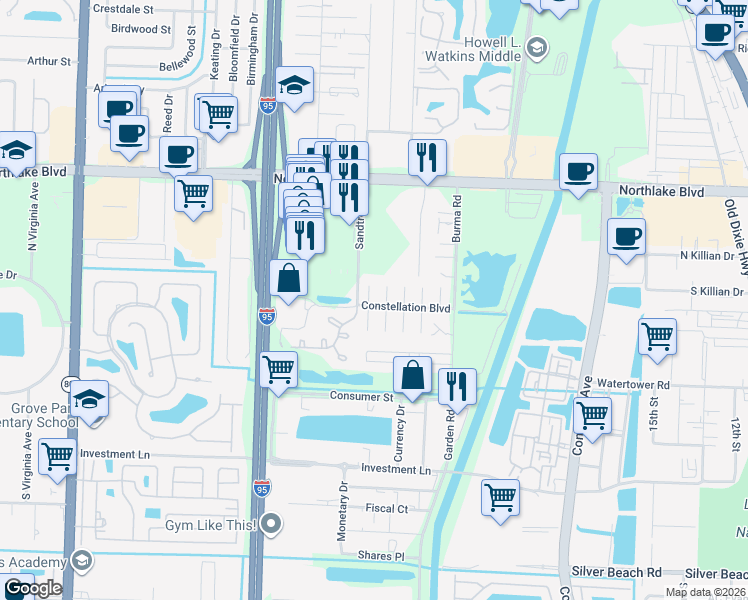 map of restaurants, bars, coffee shops, grocery stores, and more near 8682 Satalite Terrace in West Palm Beach