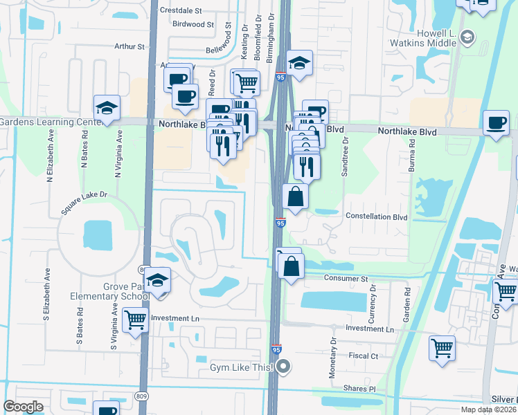 map of restaurants, bars, coffee shops, grocery stores, and more near 8503 Sunset Drive in Palm Beach Gardens