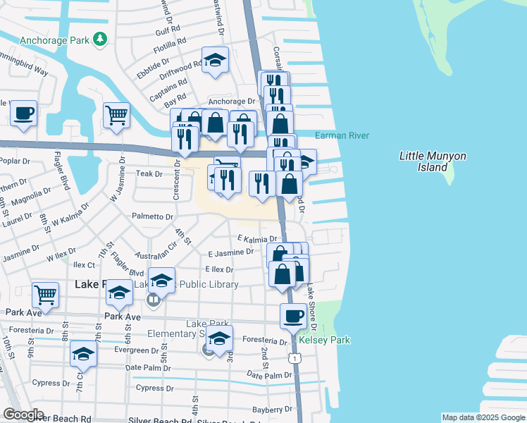 map of restaurants, bars, coffee shops, grocery stores, and more near 111 U.S. 1 in North Palm Beach