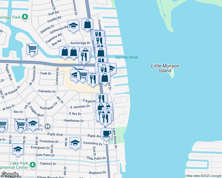 map of restaurants, bars, coffee shops, grocery stores, and more near 114 Wettaw Lane in North Palm Beach