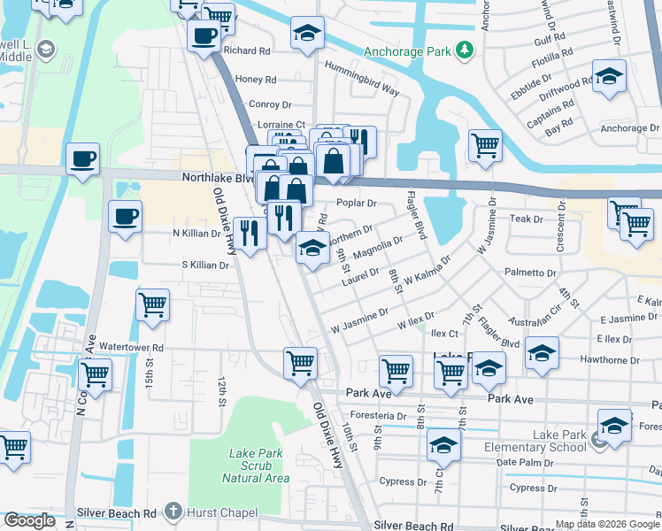 map of restaurants, bars, coffee shops, grocery stores, and more near 912 Northern Drive in West Palm Beach