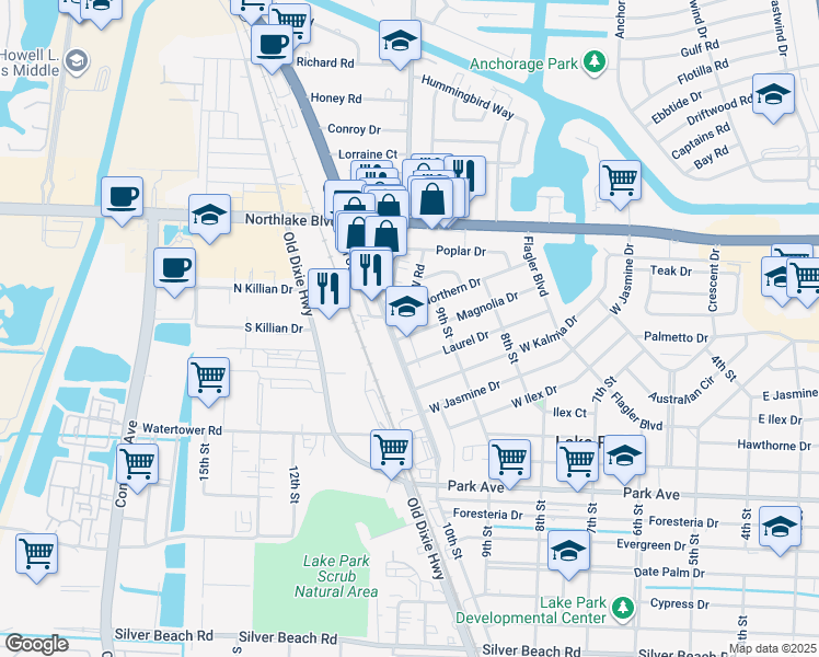 map of restaurants, bars, coffee shops, grocery stores, and more near 912 Northern Drive in West Palm Beach