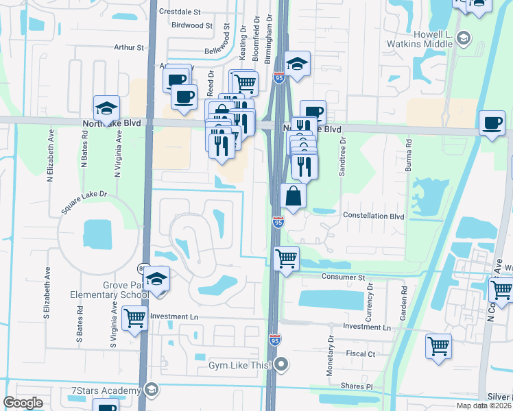map of restaurants, bars, coffee shops, grocery stores, and more near 8577 Sunset Drive in Palm Beach Gardens