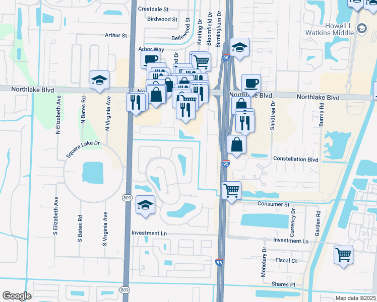 map of restaurants, bars, coffee shops, grocery stores, and more near 8625 Doverbrook Drive in Palm Beach Gardens