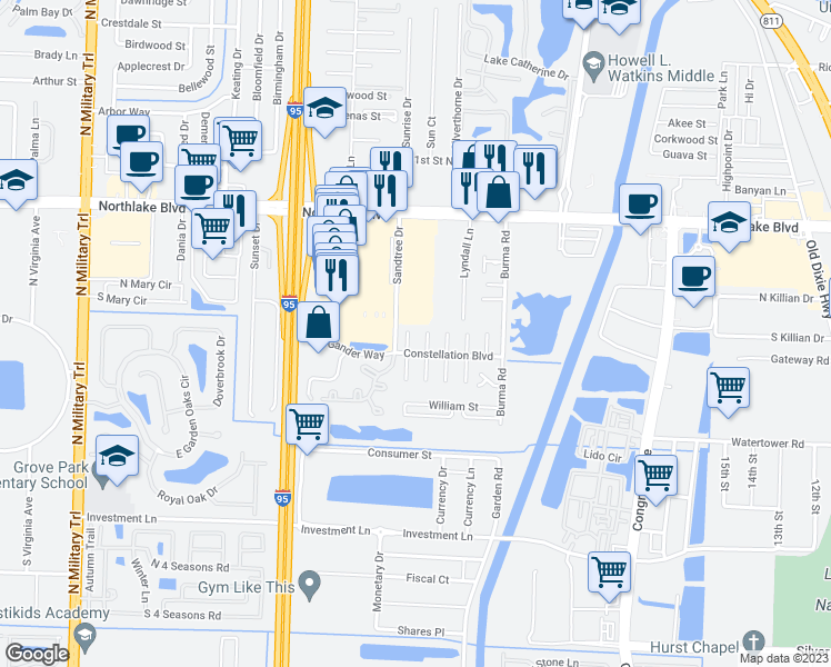 map of restaurants, bars, coffee shops, grocery stores, and more near 8716 Satalite Terrace in West Palm Beach