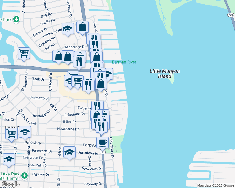map of restaurants, bars, coffee shops, grocery stores, and more near 100 Wettaw Lane in North Palm Beach