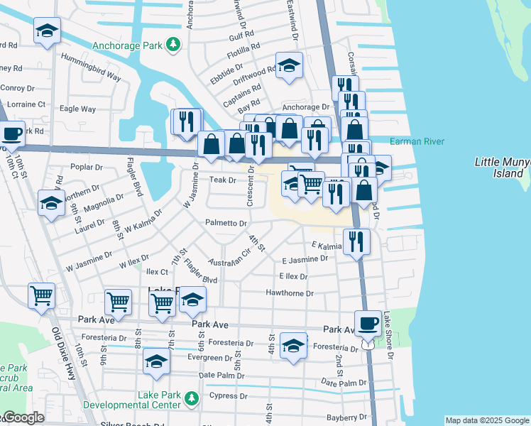 map of restaurants, bars, coffee shops, grocery stores, and more near 420 Crescent Circle in West Palm Beach
