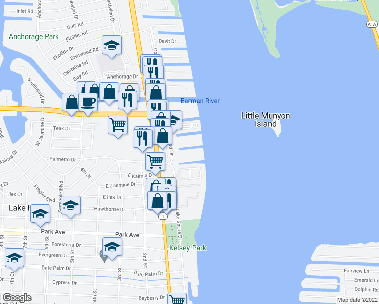 map of restaurants, bars, coffee shops, grocery stores, and more near 100 Wettaw Lane in North Palm Beach