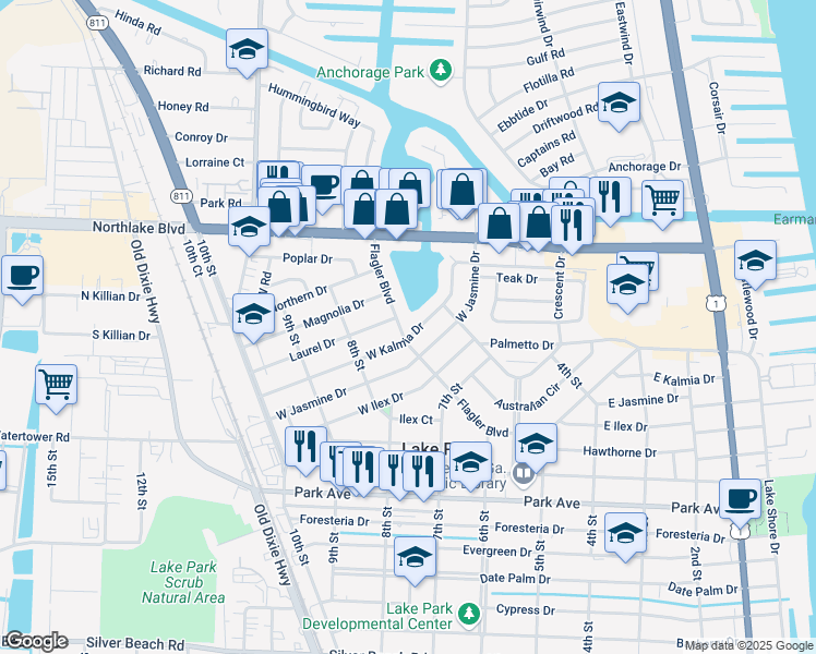 map of restaurants, bars, coffee shops, grocery stores, and more near 617 West Kalmia Drive in West Palm Beach
