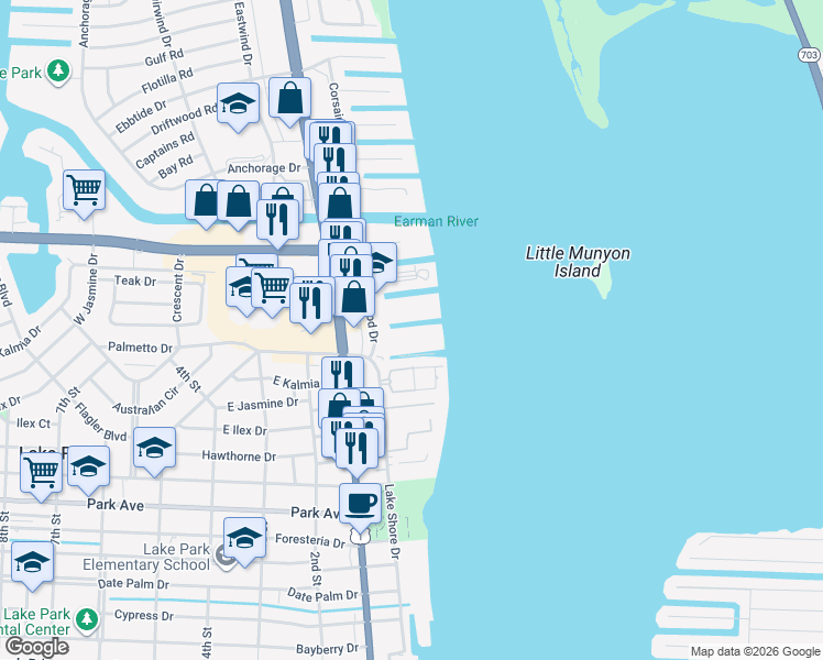map of restaurants, bars, coffee shops, grocery stores, and more near 117 Lehane Terrace in North Palm Beach