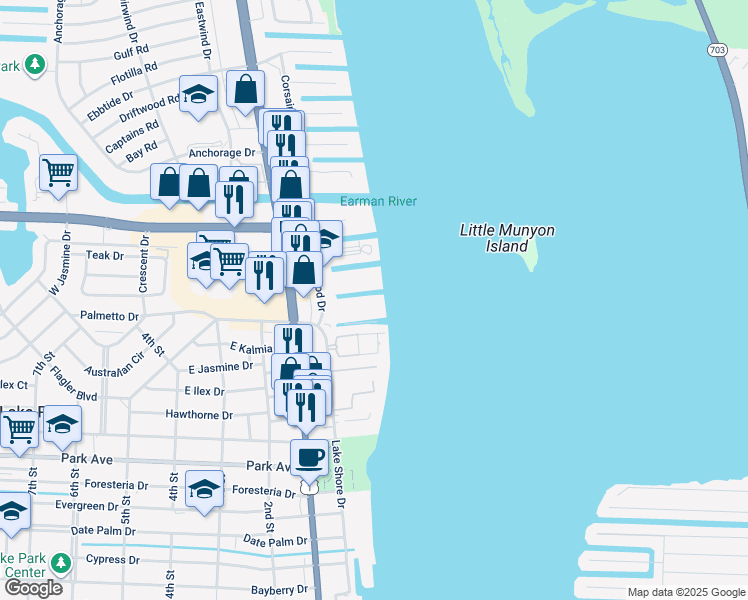 map of restaurants, bars, coffee shops, grocery stores, and more near 100 Wettaw Lane in North Palm Beach