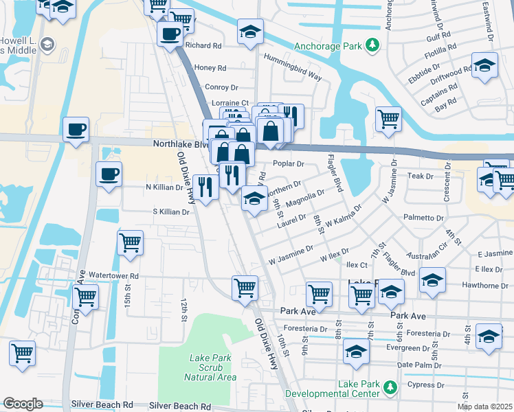 map of restaurants, bars, coffee shops, grocery stores, and more near 912 Northern Drive in West Palm Beach