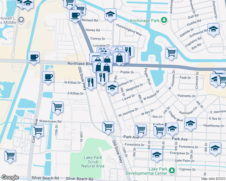 map of restaurants, bars, coffee shops, grocery stores, and more near 912 Northern Drive in West Palm Beach