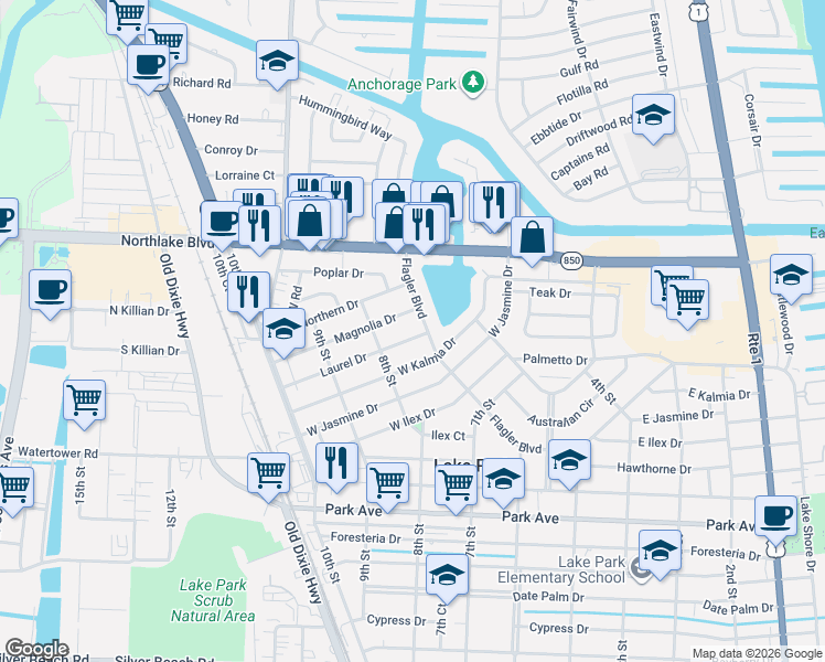 map of restaurants, bars, coffee shops, grocery stores, and more near 705 Laurel Drive in West Palm Beach