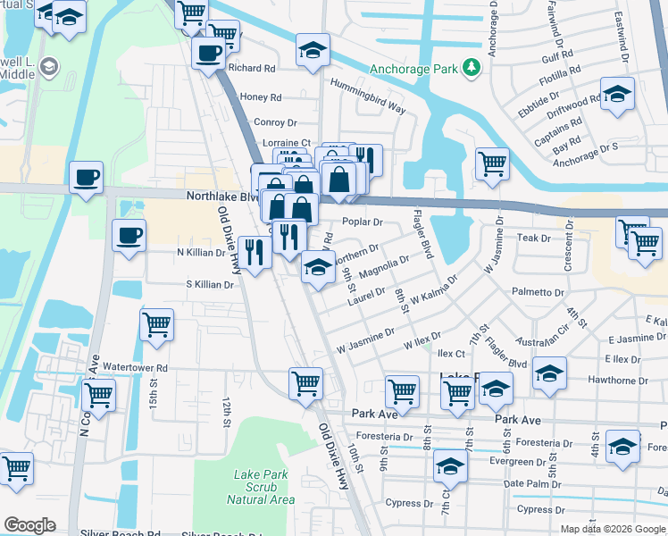 map of restaurants, bars, coffee shops, grocery stores, and more near 912 Northern Drive in West Palm Beach