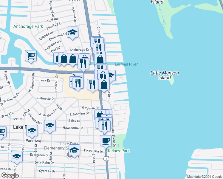 map of restaurants, bars, coffee shops, grocery stores, and more near 114 Wettaw Lane in North Palm Beach