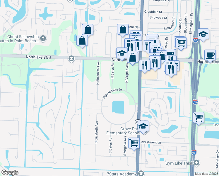 map of restaurants, bars, coffee shops, grocery stores, and more near 4731 Square Lake Drive in Palm Beach Gardens