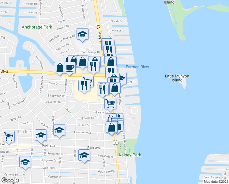 map of restaurants, bars, coffee shops, grocery stores, and more near 124 U.S. 1 in North Palm Beach