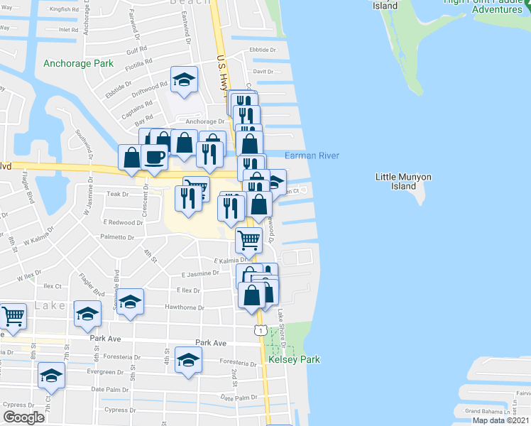 map of restaurants, bars, coffee shops, grocery stores, and more near 124 U.S. 1 in North Palm Beach