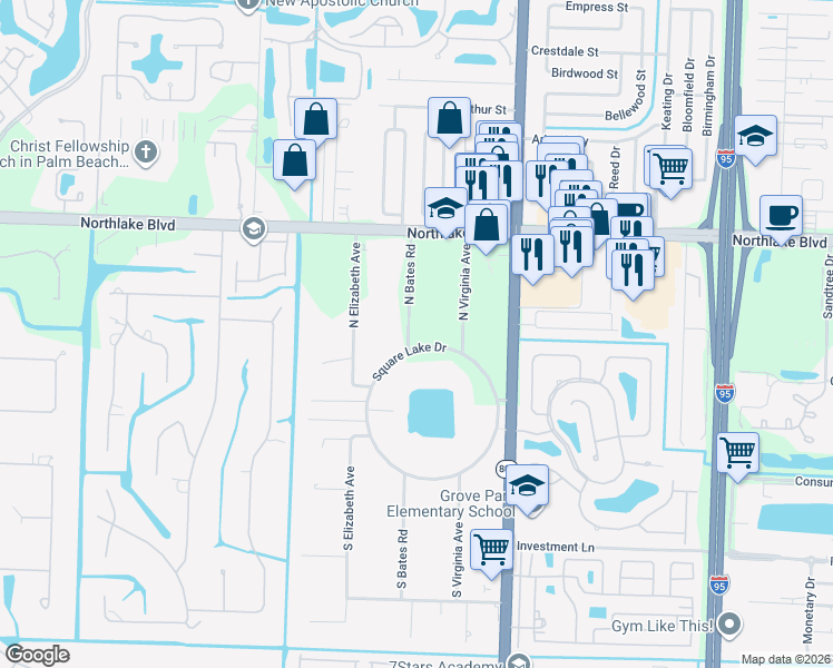 map of restaurants, bars, coffee shops, grocery stores, and more near 4731 Square Lake Drive in Palm Beach Gardens