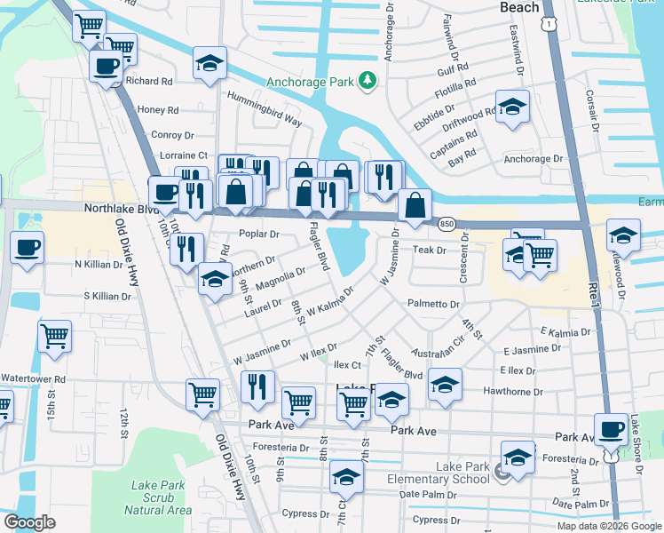 map of restaurants, bars, coffee shops, grocery stores, and more near 705 Laurel Drive in West Palm Beach