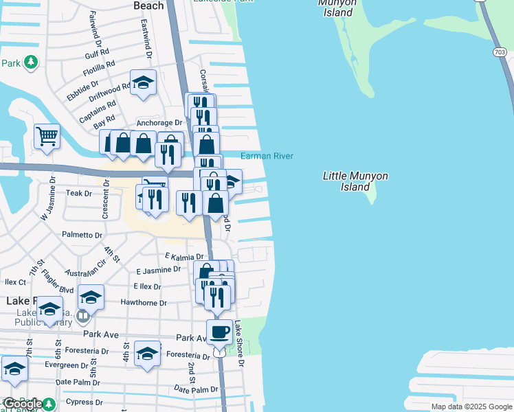 map of restaurants, bars, coffee shops, grocery stores, and more near 100 Wettaw Lane in North Palm Beach