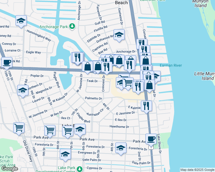 map of restaurants, bars, coffee shops, grocery stores, and more near 420 Crescent Circle in West Palm Beach