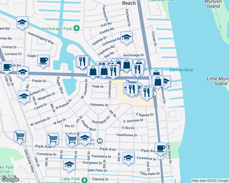map of restaurants, bars, coffee shops, grocery stores, and more near 420 Crescent Circle in West Palm Beach