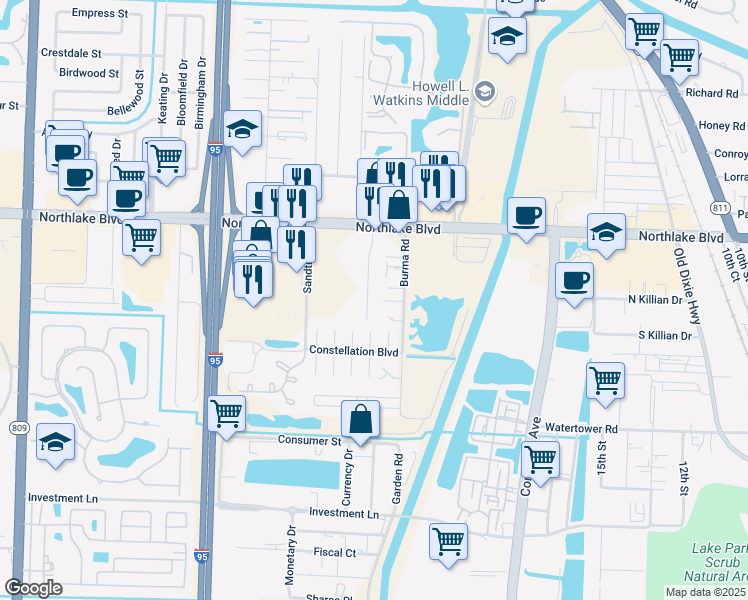 map of restaurants, bars, coffee shops, grocery stores, and more near 8743 Sol Terrace in West Palm Beach
