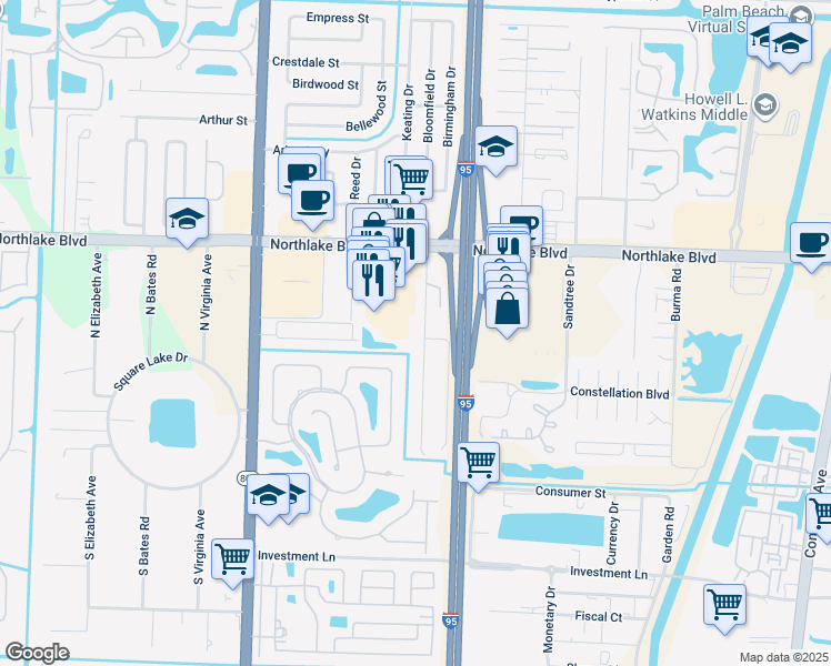 map of restaurants, bars, coffee shops, grocery stores, and more near 8845 Sunset Drive in Palm Beach Gardens