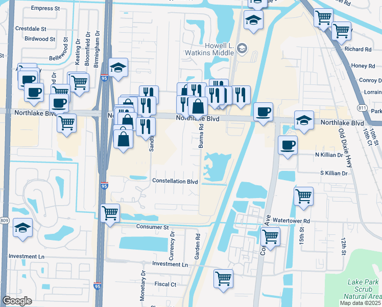 map of restaurants, bars, coffee shops, grocery stores, and more near 8871 Burma Road in Palm Beach Gardens