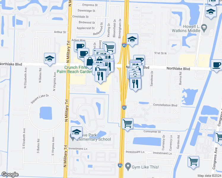 map of restaurants, bars, coffee shops, grocery stores, and more near 8507 Sunset Drive in Palm Beach Gardens