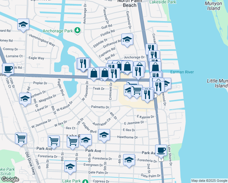 map of restaurants, bars, coffee shops, grocery stores, and more near 1501 Crescent Circle in Lake Park