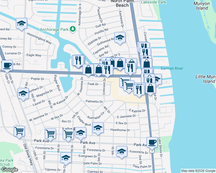 map of restaurants, bars, coffee shops, grocery stores, and more near 1530 Crescent Circle in West Palm Beach