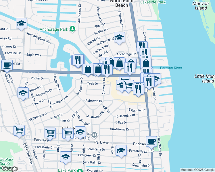 map of restaurants, bars, coffee shops, grocery stores, and more near 1501 Crescent Circle in Lake Park