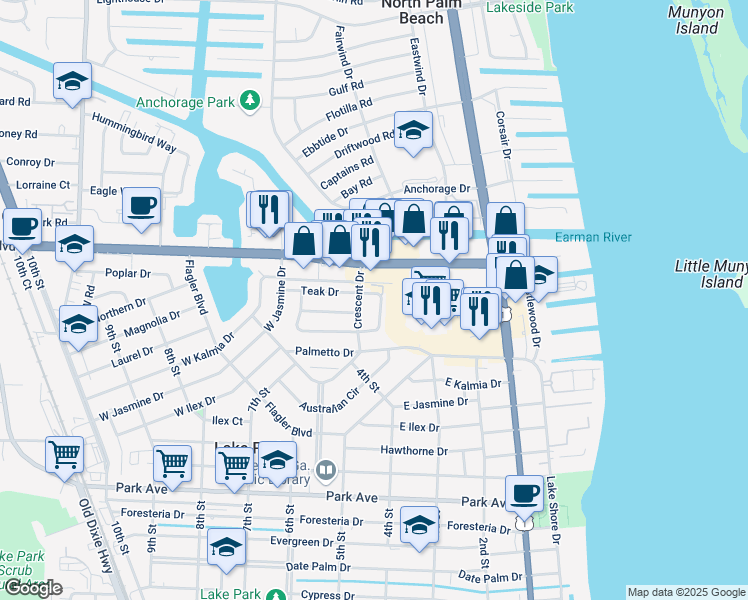 map of restaurants, bars, coffee shops, grocery stores, and more near 1501 Crescent Circle in Lake Park