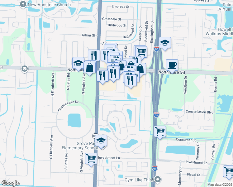 map of restaurants, bars, coffee shops, grocery stores, and more near 4340 North Mary Circle in Palm Beach Gardens
