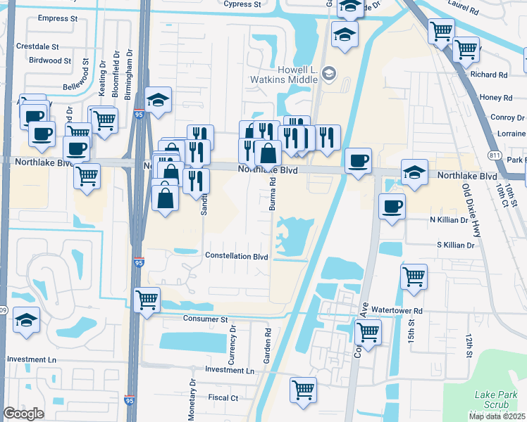 map of restaurants, bars, coffee shops, grocery stores, and more near 8871 Burma Road in Palm Beach Gardens